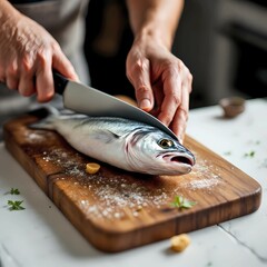 Obraz premium Cutting Fish with Knife on Cutting Board: A Simple Step in Culinary Preparation
