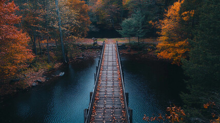 A wooden bridge crossing a calm river in a dense forest, surrounded by colorful autumn leaves.