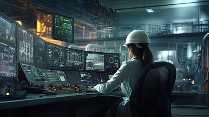 A woman in a white hard hat is sitting in the control room of a power plant, looking at multiple computer screens displaying energy software
