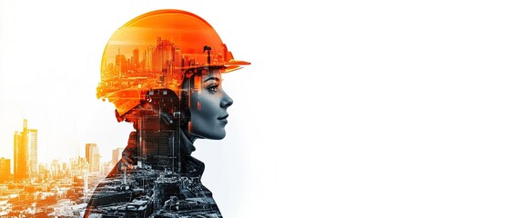 An image of an engineer or architect wearing a protective yellow helmet. The image is presented in a modern style.