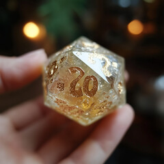 A hand holding a special d20 dice for playing role playing games like Dungeons and Dragons
