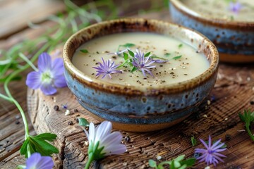 Fresh chicory soup served in a wooden bowl with chicory garnish