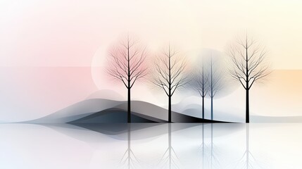 Multiple simple tree silhouettes arranged in geometric symmetry, soft gradient background adds depth