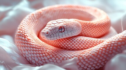 Fototapeta premium Pink Snake Coiled on White Fabric Reptile Closeup Wildlife Photography