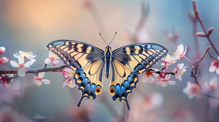 Majestic Swallowtail Butterfly Perched on Delicate Spring Blossoms