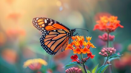 Fototapeta premium Monarch Butterfly Feeding on Vibrant Orange Flowers in a Sunlit Garden