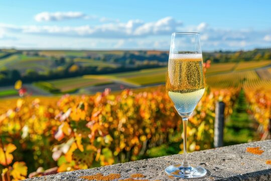 Sampling French champagne on terrace with view of Grand Cru vineyards in Cramant village near Epernay France in October