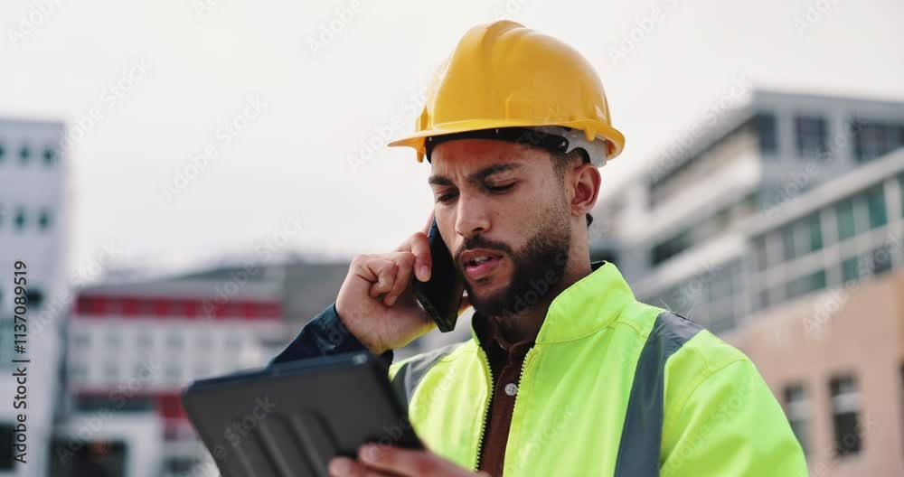 Poster Engineering, phone call and man with tablet, construction site and communication for project. Person, inspector and architecture with tech, smartphone and connection with building development or app