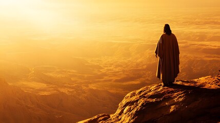 Jesus Christ overlooking a vast desert landscape at sunrise