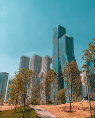 Corporate buildings landscape on blue background