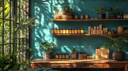 Modern shelf arrangement with natural beauty products