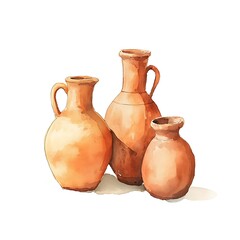 Watercolor painting of three terracotta jugs of varying sizes, isolated on white.