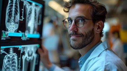 Male doctor reviewing medical x-rays on a digital screen.