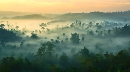 Misty Sunrise Over Lush Tropical Rainforest Canopy