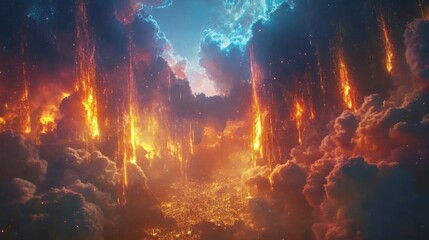 Fototapeta premium Fiery spectacle! Streams of fire rain down from a stormy sky, illuminating a city below.