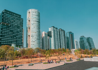 Corporate buildings landscape on blue background
