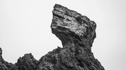 Dramatic black and white close-up of a rugged rock formation against a pale sky.