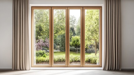 Light wood folding doors reveal a lush garden view.