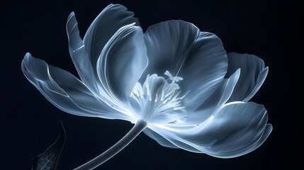 Glowing blue tulip flower against black background.