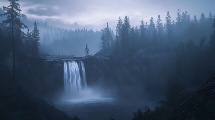Fototapeta premium Misty Waterfall Cascading Through a Dark Forest