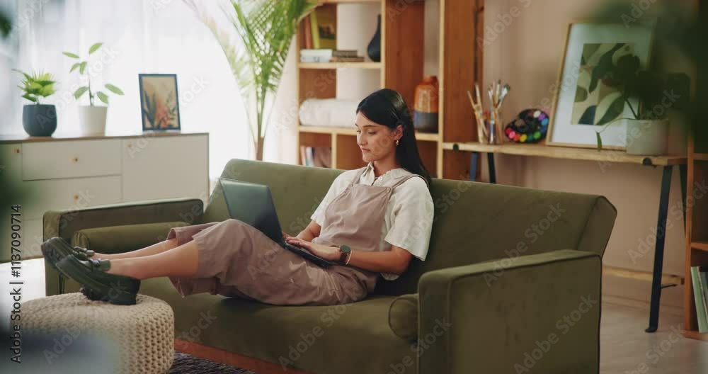 Aufkleber laptop, relax and typing with woman on sofa in living room of home for browsing or streaming. comput
