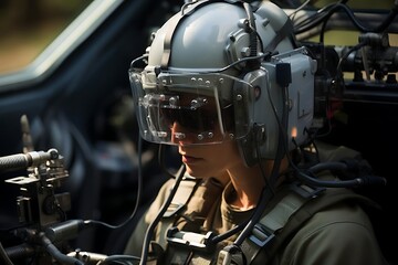 Obraz premium Female soldier wearing advanced helmet and goggles in military vehicle.