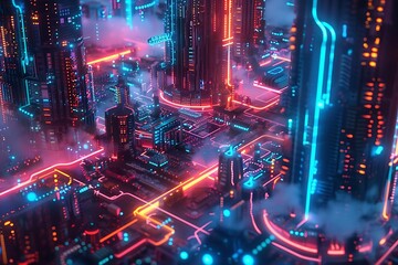 Fototapeta premium Futuristic city skyline with neon lights and fog.