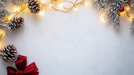 Fototapeta premium Festive winter border with pine cones, twinkling lights, and a red bow on a white background.