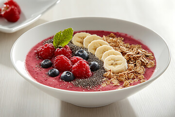 Vibrant Smoothie Bowl with Granola, Chia, and Fresh Fruit on Top, Vibrant and Nutritious.
