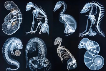X-ray images of various animals in different poses and developmental stages, showcasing skeletons and embryos.