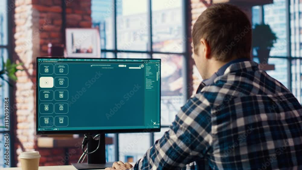Poster Man in home office using generative artificial intelligence website generating videos using diffusion models. Person wearing headphones using AI virtual assistant producing clips for him, camera B