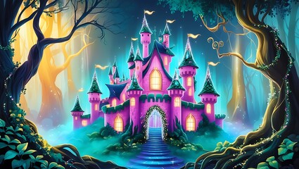 Fototapeta premium Enchanting Pink Castle Nestled Deep Within A Magical Forest