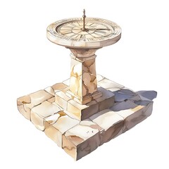 Watercolor illustration of an antique sundial on a stone base, perfect for garden design or historical contexts.