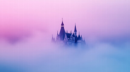 mystical castle emerges from soft gradient mist, creating dreamy atmosphere