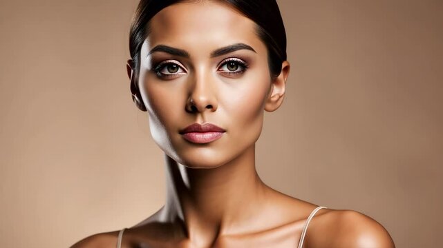 Serene beautiful woman with brunette hair posing on solid mocha mousse background. Trendy color of 2025 year