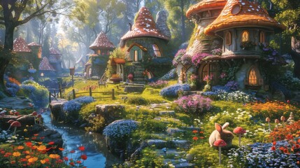 A painting of a village with houses made of mushrooms. Generative AI