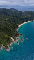 Fototapeta premium drone shot of a beach with trees, rocks and beautiful water