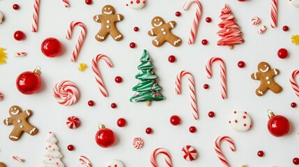 Festive Christmas treats arranged on a white background. Candy canes, gingerbread men, ornaments, and candy create a cheerful holiday scene.