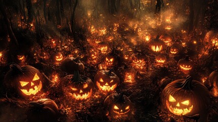 Jack-o'-lanterns in Spooky Forest at Night