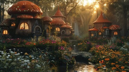 Fototapeta premium A fantasy scene with a village of mushroom houses and a river. Generative AI