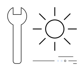 Wrench next to sun symbol with abstract lines. Ideal for concepts of repair, maintenance, energy, solar power, sustainability, industry, and technology. Line metaphor