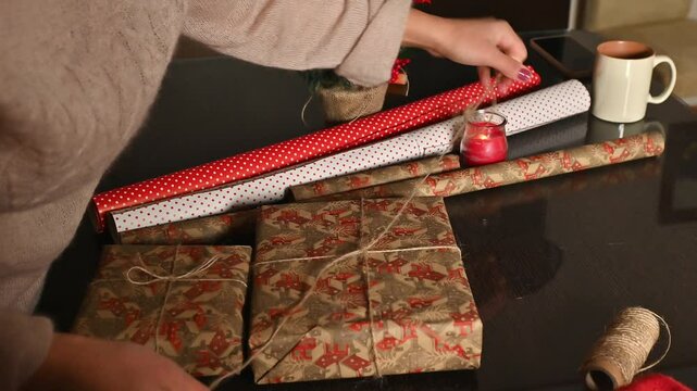 Woman wrapping Christmas gift creatively