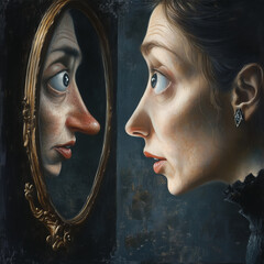 A woman looking into a mirror and experiencing body dysmorphia; you can't stop thinking about one or more perceived defects or flaws in your appearance