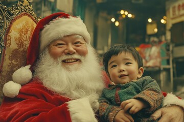 Gleeful acation season, &Ntilde;ute child boy joyful with santa claus. Christmas ad campaign creative photo shot for flyer and social online ad use. Xmas and joy visuals. Winter magic promotions.