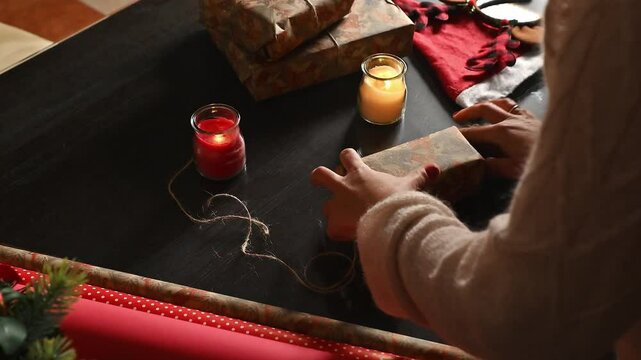 Wrapping gifts by candlelight