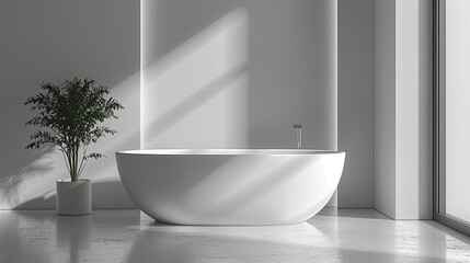 Fototapeta premium Modern Minimalist Bathroom with Freestanding Tub and Plant