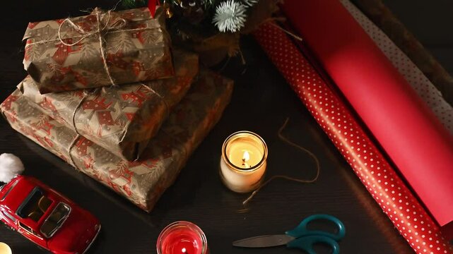 Festive holiday gift wrapping scene