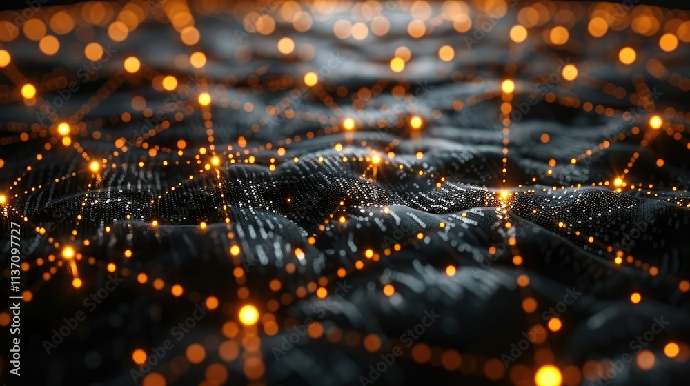 Poster abstract representation of a network with glowing nodes on a textured surface.