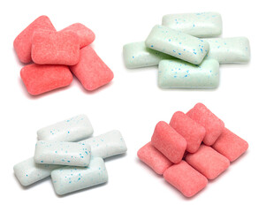 Collection pink and green chewing gum isolated on a white background