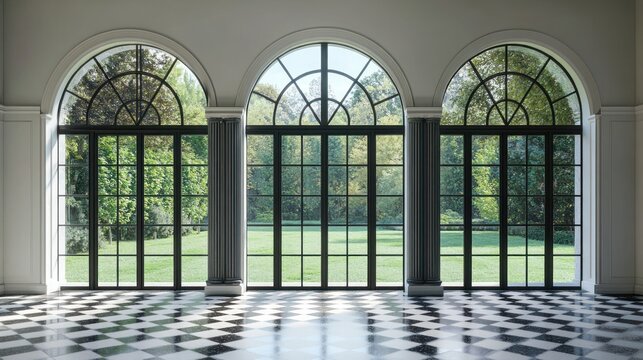 Sunlit grand hall with arched windows and checkered floor.